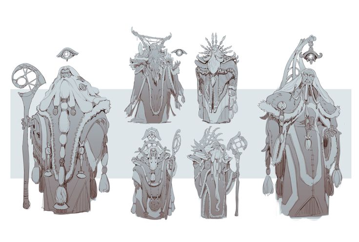 this is a concept art drawing of 7 different character designs, all depicting old men with long beards.  these men are all dressed in robes with fur trim, and they are holding staffs with various symbols.  there are also eye symbols drawn above their heads, which suggests that these men are wizards.  the drawing is a very detailed and stylized sketch, and it captures the mystic and spiritual nature of the characters.