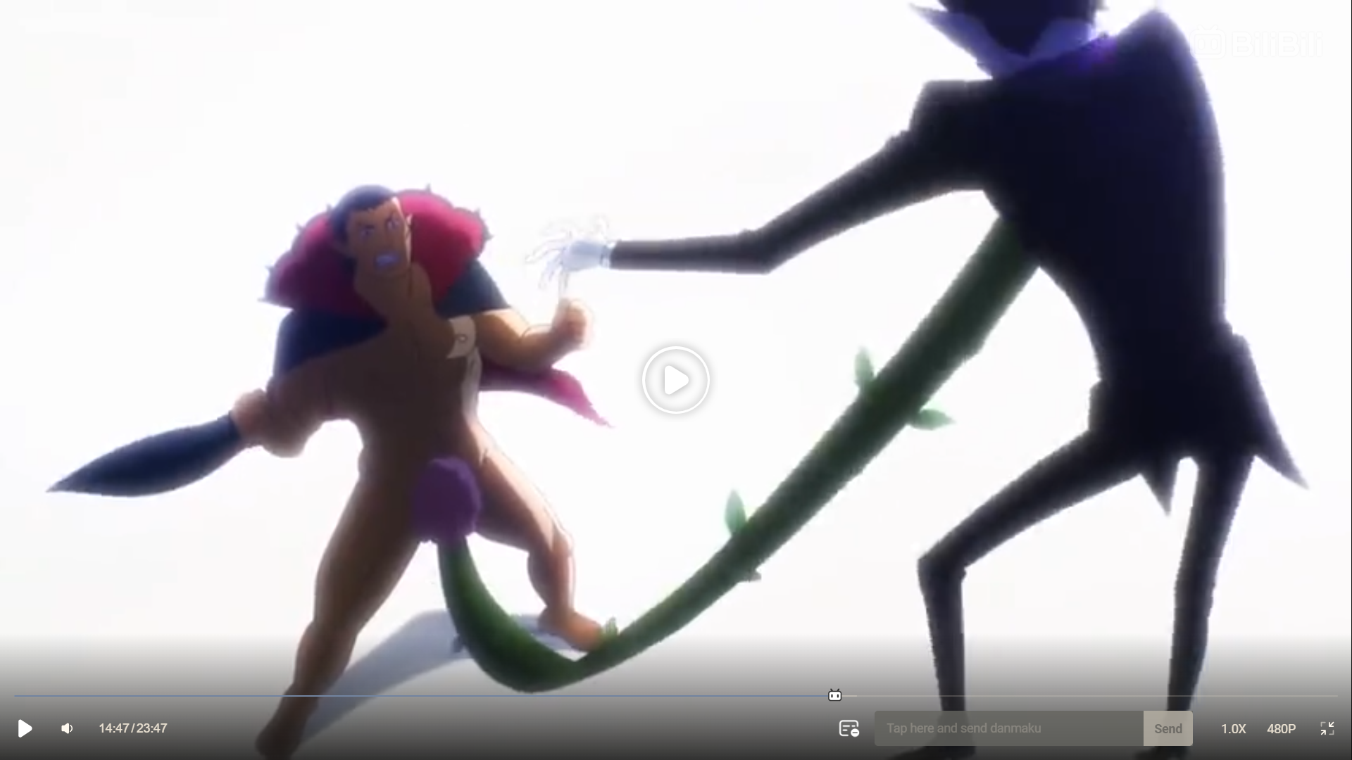two anime characters are locked in combat against a stark white background. the character on the left, a muscular man with brown hair and a tail, is partially nude with furlike accents around his shoulders and upper legs. he appears to be holding a weapon in his right hand, obscured from view. a thick, green vine, controlled by the silhouetted character on the right, has wrapped around the man's tail, pulling him towards the shadowy figure. the right character is entirely silhouetted, making only their tall, slender form, pointed ears, and a single white glove visible. the bright light from behind the characters obscures their details, creating a strong contrast.