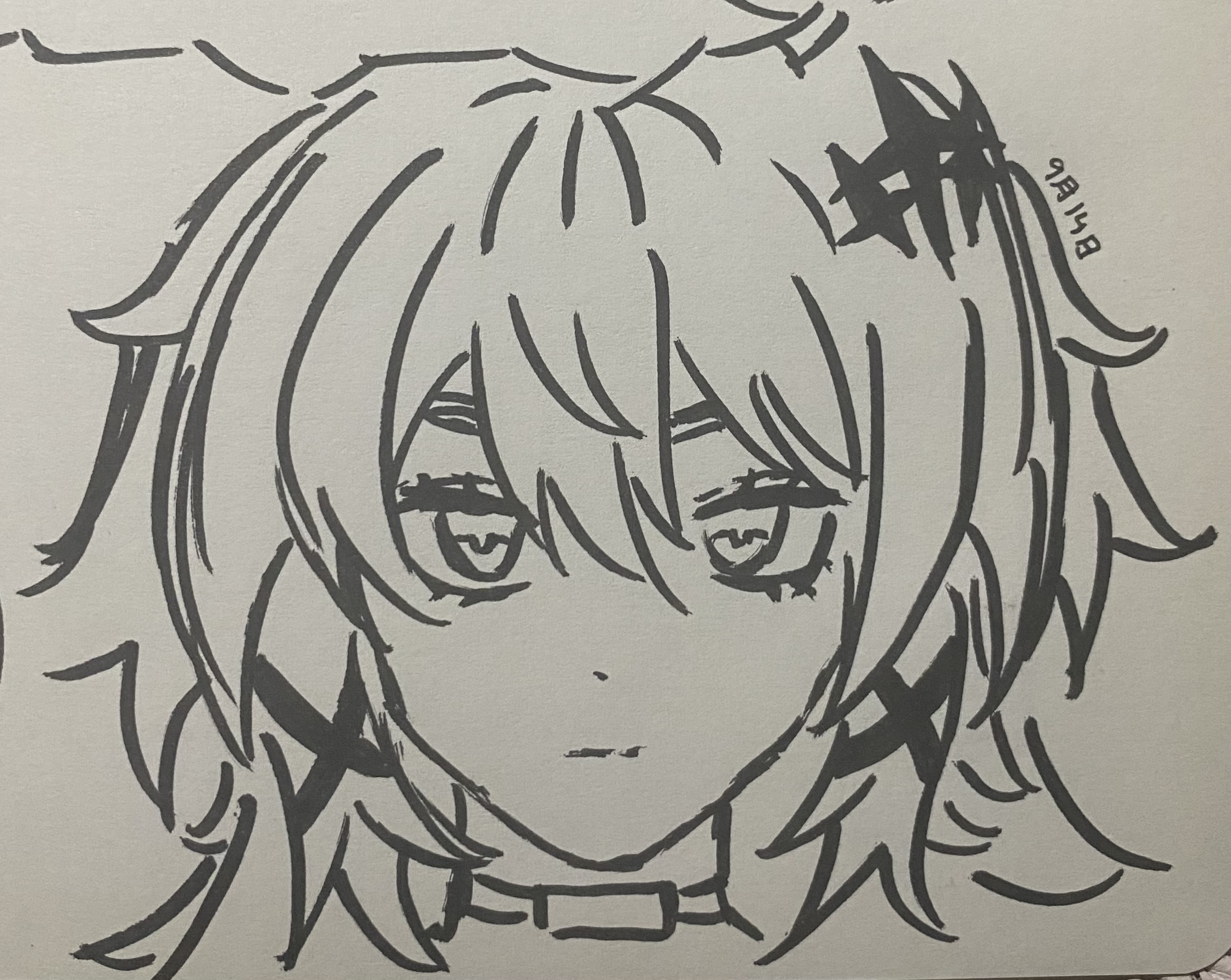 the image is a handdrawn sketch of an animestyle female character. the drawing is done in black ink on light beige paper. the character has short, somewhat messy hair with distinct bangs.  her eyes are large and expressive, and her expression is somewhat serious or neutral.  she's wearing a simple collar around her neck. the style is reminiscent of manga or anime character designs, with a focus on linework and shading to convey the character's features and hair. the sketch appears to be a quick study or informal drawing rather than a finished piece. there's a datelike marking visible on the upper right corner ("2月14日").