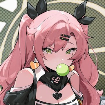 a digital illustration of an anime girl with pink hair, green eyes, and black hair accessories. she is wearing a black and white outfit and has a piece of gum in her mouth.  she is looking at the viewer with a slightly mischievous expression.