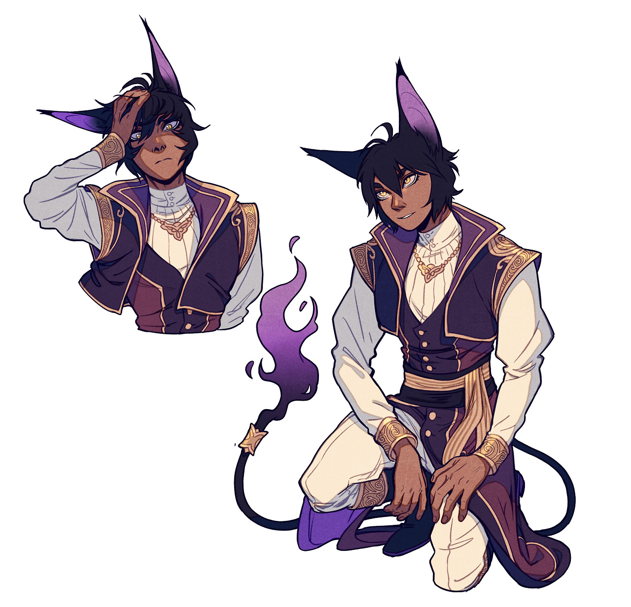 a digital illustration of a male character with black cat ears and a purple magic tail. he is wearing an outfit with gold and purple accents. there is a bust sketch on the top left.