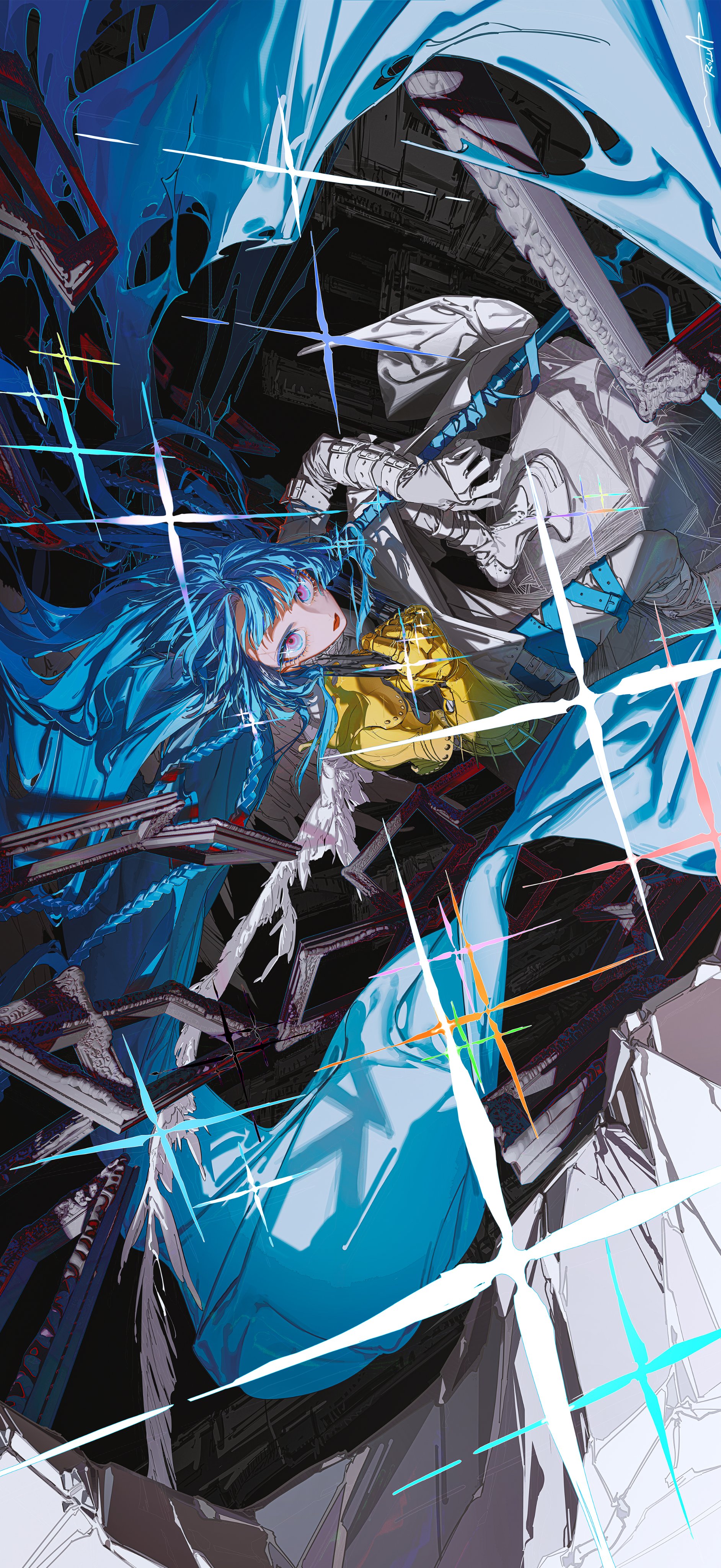 a digital illustration of a blue haired female anime character with large blue eyes. she wears a yellow and white outfit and is holding a futuristic weapon. the background is made up of bright abstract colors and lines. the character is posed in a dramatic fashion.