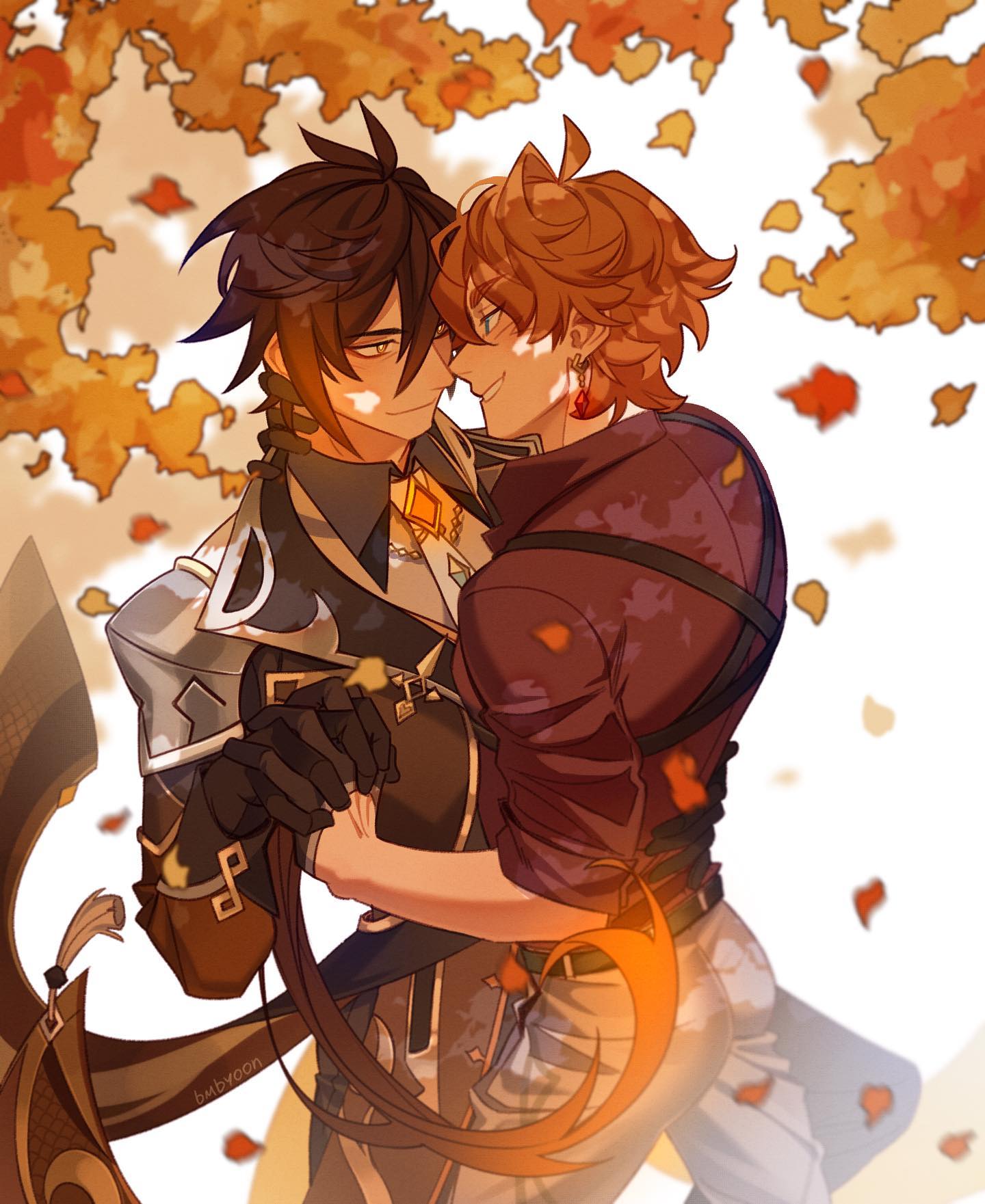 the image is a digital fanart depicting a romantic embrace between two characters, strongly resembling kaeya and diluc from the video game genshin impact. they are shown in a close, affectionate embrace amid falling autumn leaves.  kaeya, with his dark hair and elaborate outfit, appears to be slightly taller and is holding diluc, who has light brown hair and a more casual style of clothing. the overall aesthetic is warm and romantic, using predominantly orange and brown tones to enhance the autumnal atmosphere.  the art style is animeinfluenced, with detailed character designs and a soft, yet expressive rendering. the background features stylized autumn foliage, adding to the romantic and seasonal mood.  the piece is clearly a fanmade work expressing the romantic relationship between the two characters.