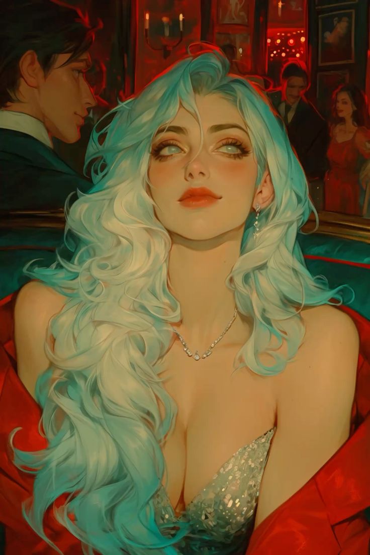 the image is a digital painting or illustration depicting a glamorous woman with long, flowing teal hair. she is wearing a lowcut, sequined silver dress and a red shawl or jacket. she has a delicate necklace and earrings. her makeup is subtle yet striking. she's seated in what appears to be a dimly lit bar or nightclub, with a man partially visible in the background, suggesting a romantic or possibly tense encounter. the overall style is realistic with a touch of fantasy, reminiscent of vintage glamour.  the background shows other figures, adding depth to the scene, and the lighting creates a dramatic mood.