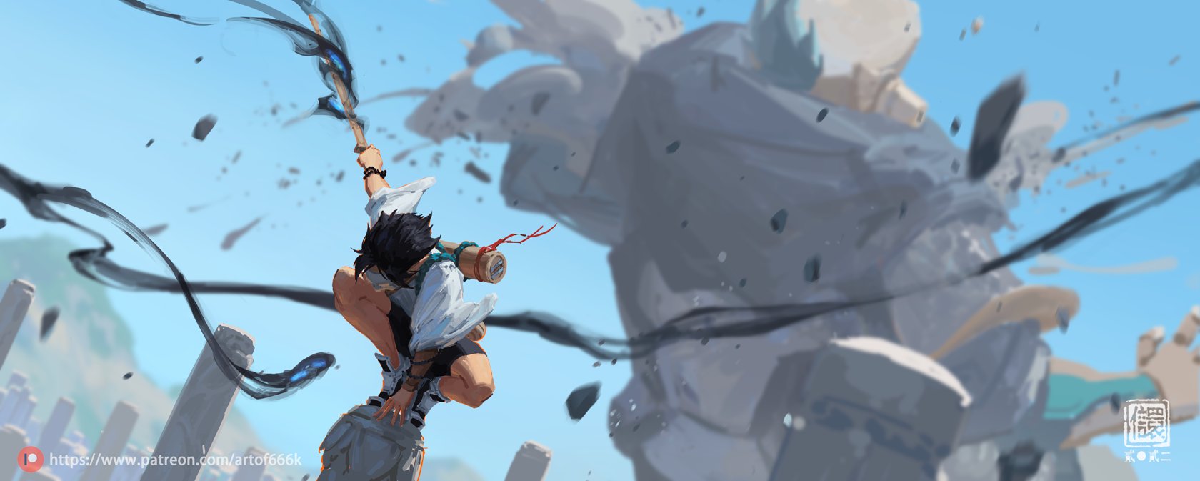 the image is a vibrant digital painting of an animestyle young man with dark hair, leaping through the air with a staff in hand. he is surrounded by dark, swirling energy resembling smoke or magic.  in the background, a large, partially obscured structure is shown seemingly breaking apart, with debris scattered around. the overall style is dynamic and actionpacked, suggesting a scene of intense magical combat or a fantastical adventure. the style is reminiscent of anime or manga artwork. the image also includes a patreon watermark.