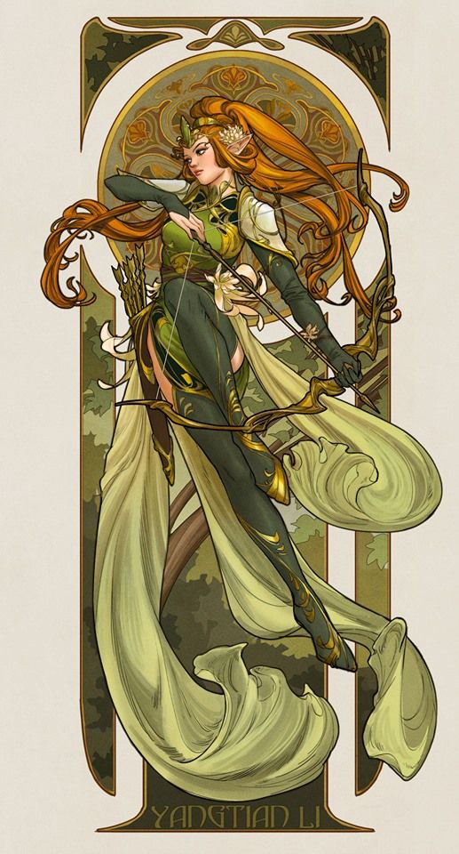 the image is a fantasythemed illustration of an elven archer in an art nouveau style. the archer is a woman with long, flowing red hair, pointed elf ears, and is dressed in green and gold attire. she's poised dynamically, drawing back a longbow and arrow. flowing fabric surrounds her, adding to the sense of motion and elegance. the background features ornamental designs typical of art nouveau, with a color palette of greens, golds, and creams. the artist's signature "yantian li" is visible at the bottom.