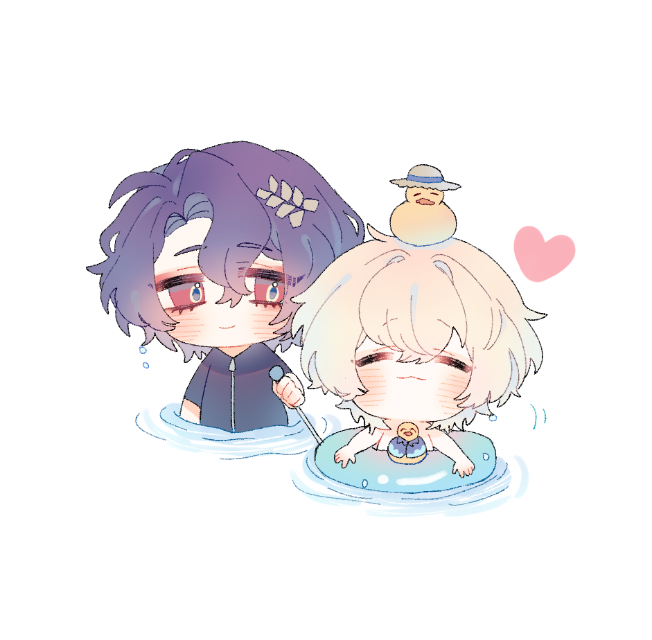 the image is a digital drawing in a soft pastel style, featuring two animestyle chibi characters.  one character has dark purple hair and is partially submerged in water, appearing to be pushing a small floatie with a stick or paddle. the second character, with light blonde hair, is relaxing on the floatie, a small yellow rubber duck perched on their head. a small pink heart floats nearby, suggesting a romantic or affectionate relationship between the two characters. the overall style is cute and playful, evoking a summery atmosphere.
