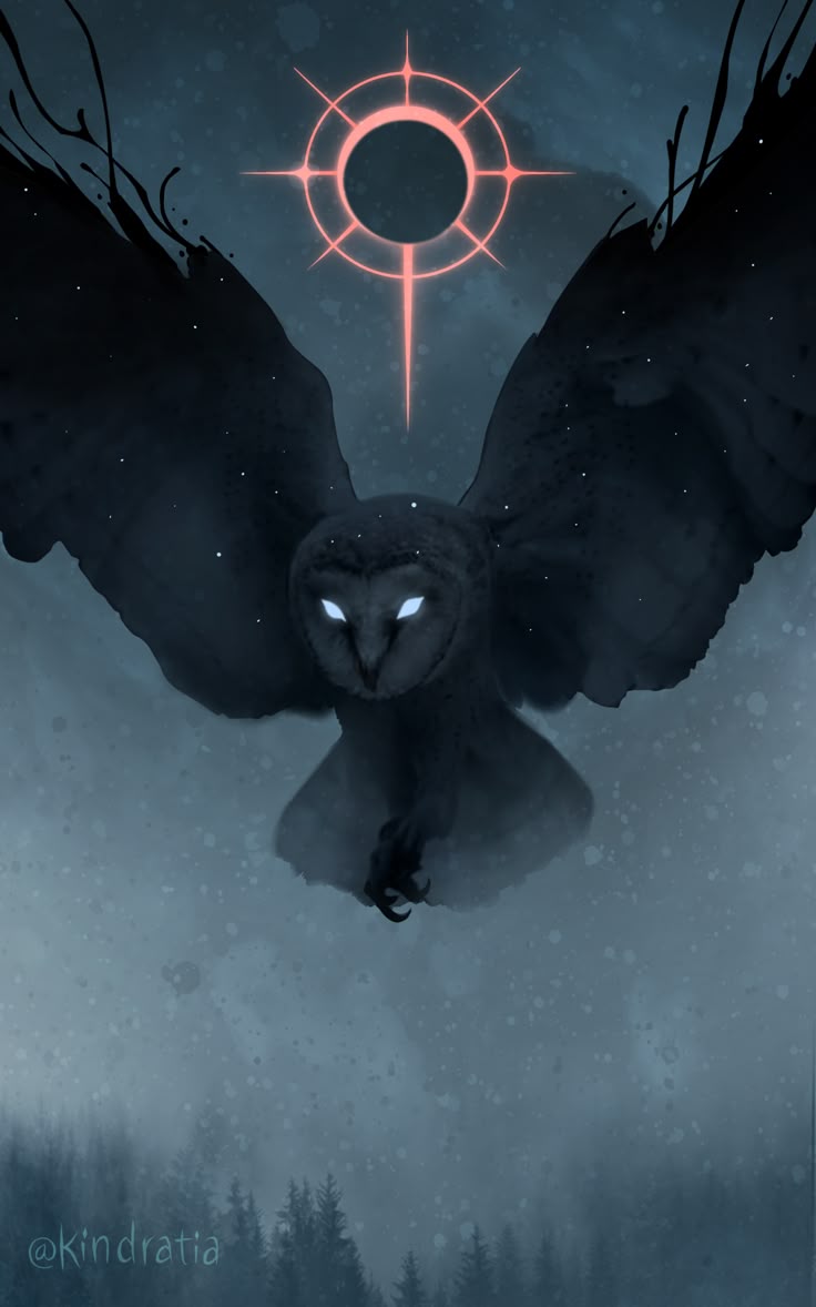the image depicts a dark barn owl with glowing white eyes, flying in front of a red, circular symbol in a dark, mystical environment. the owl's wings are spread wide, and the image has a fantasy vibe. a snowy forest is visible at the bottom of the image.