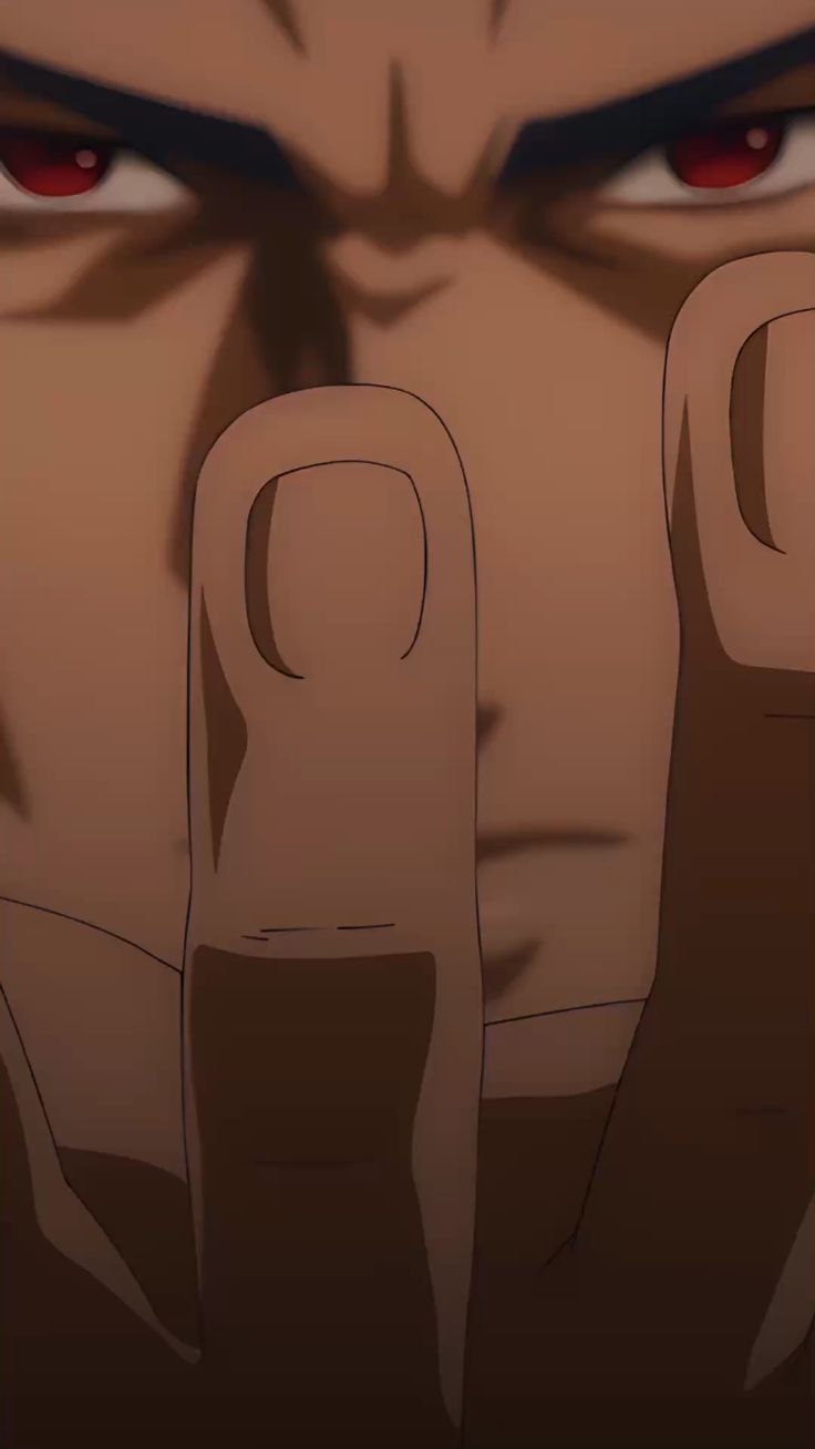 a closeup image of an anime man's face. he has a stern and intense expression with glowing red eyes. his hand is reaching towards the viewer, partially obscuring his face with three fingers extended. the lighting is dramatic and creates a sense of foreboding.