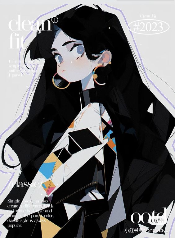 a digital illustration depicts a woman with long, black hair and a sleek, modern outfit. she sports large hoop earrings and a jacket with bold, geometric patterns. the style of the illustration is graphic and stylized, emphasizing sharp lines and exaggerated features. the background is white with gray elements, creating a clean and minimalist aesthetic. text throughout the illustration references fashion concepts like "clean," "classic," and "simple style."
