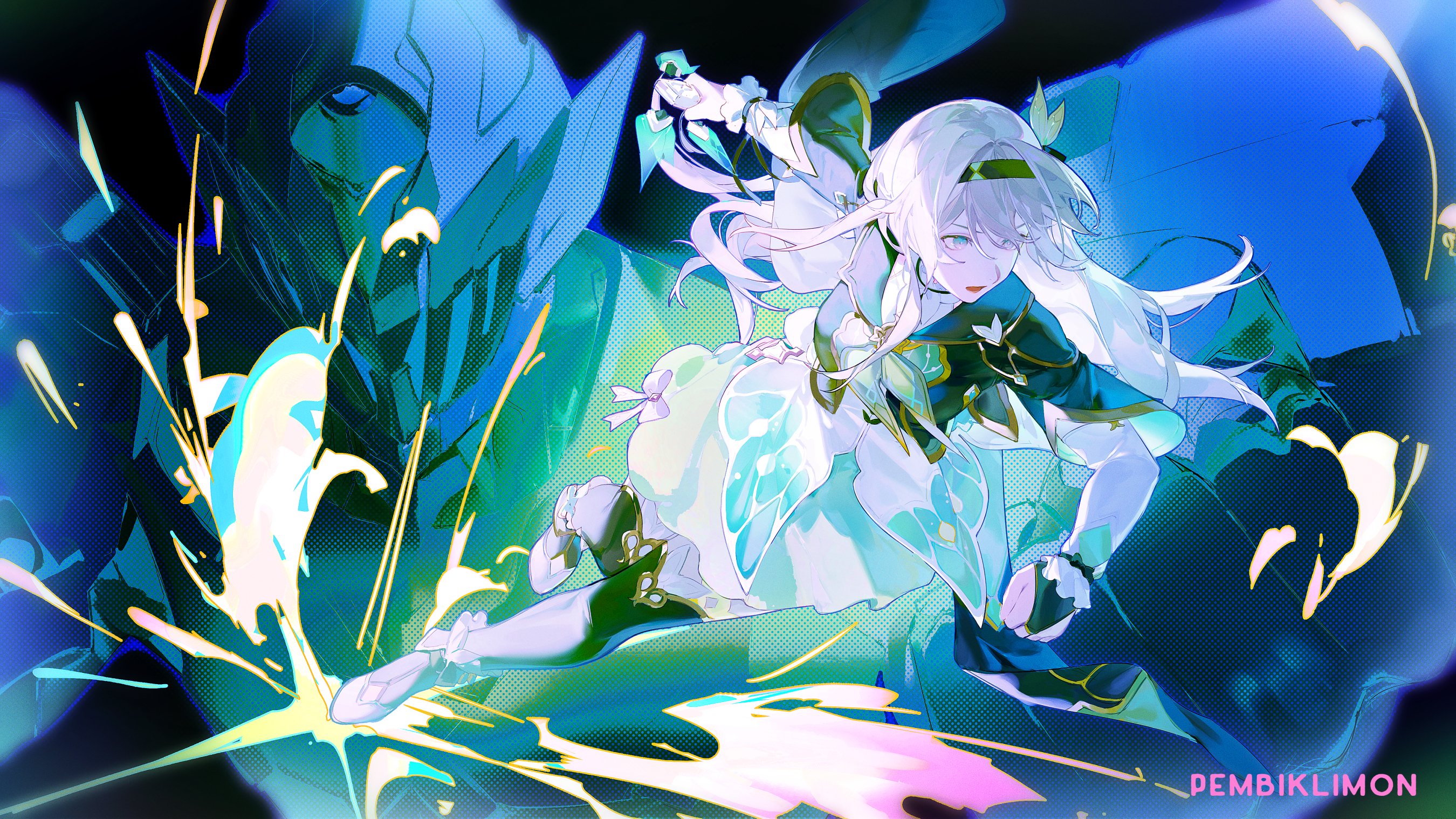 the image showcases a dynamic animestyle illustration of a young girl engaged in combat. she's depicted midaction, her pose suggesting a powerful kick or strike. her white hair flows around her, and her expression is one of fierce determination. the background is an abstract explosion of vibrant blue, turquoise, and green hues, further emphasizing the intensity of the scene. the overall effect is one of energy and motion.