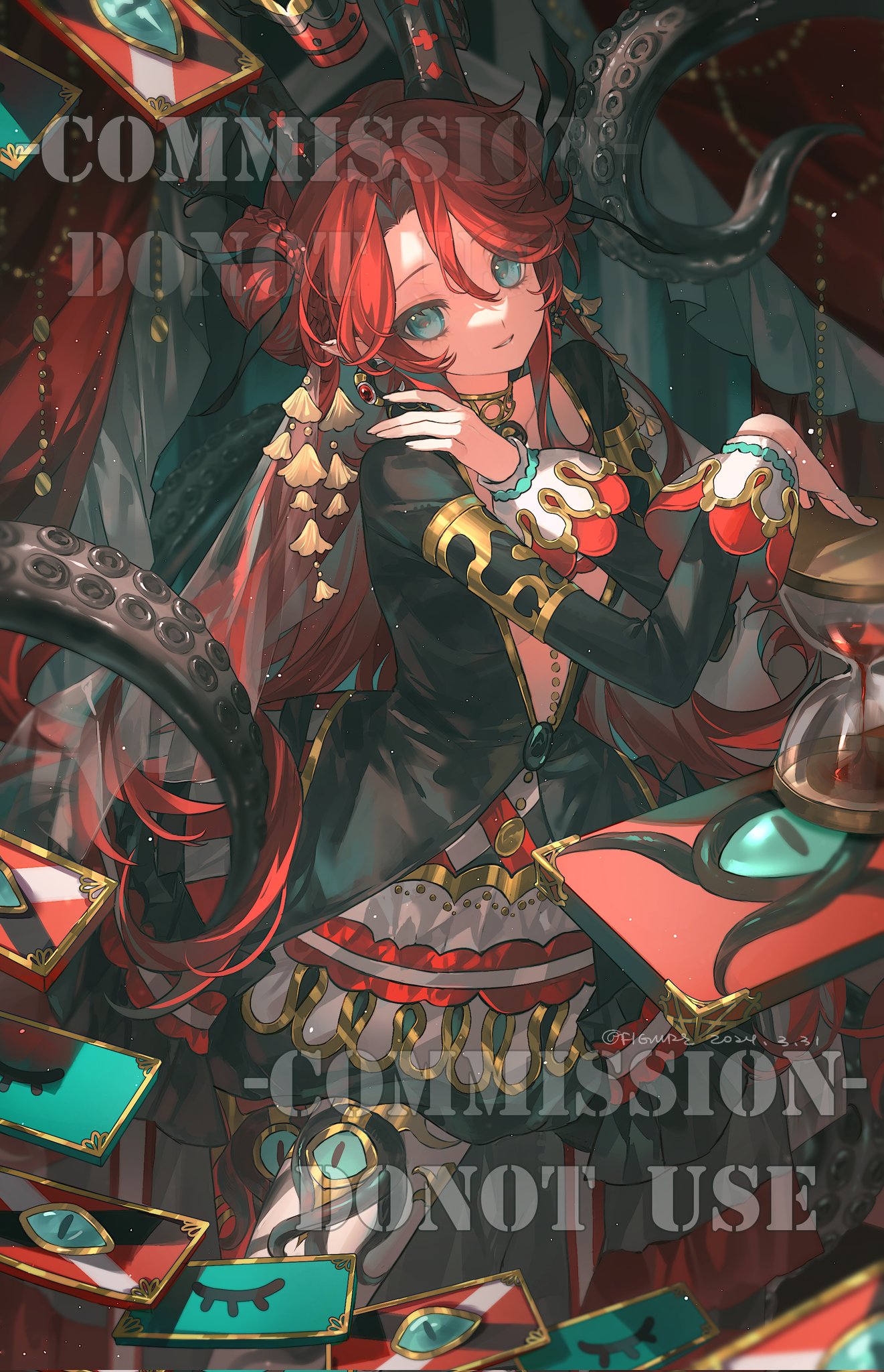 the image is a stylized anime illustration of a girl with red hair and green eyes, surrounded by fantasy elements. she is wearing a black jacket with gold trim and ruffles, as well as jewelry. she has elf ears. an octopus tentacle is visible behind her. playing cards with eye designs and an hourglass are also in the image. a watermark text “commission do not use” is on the image.