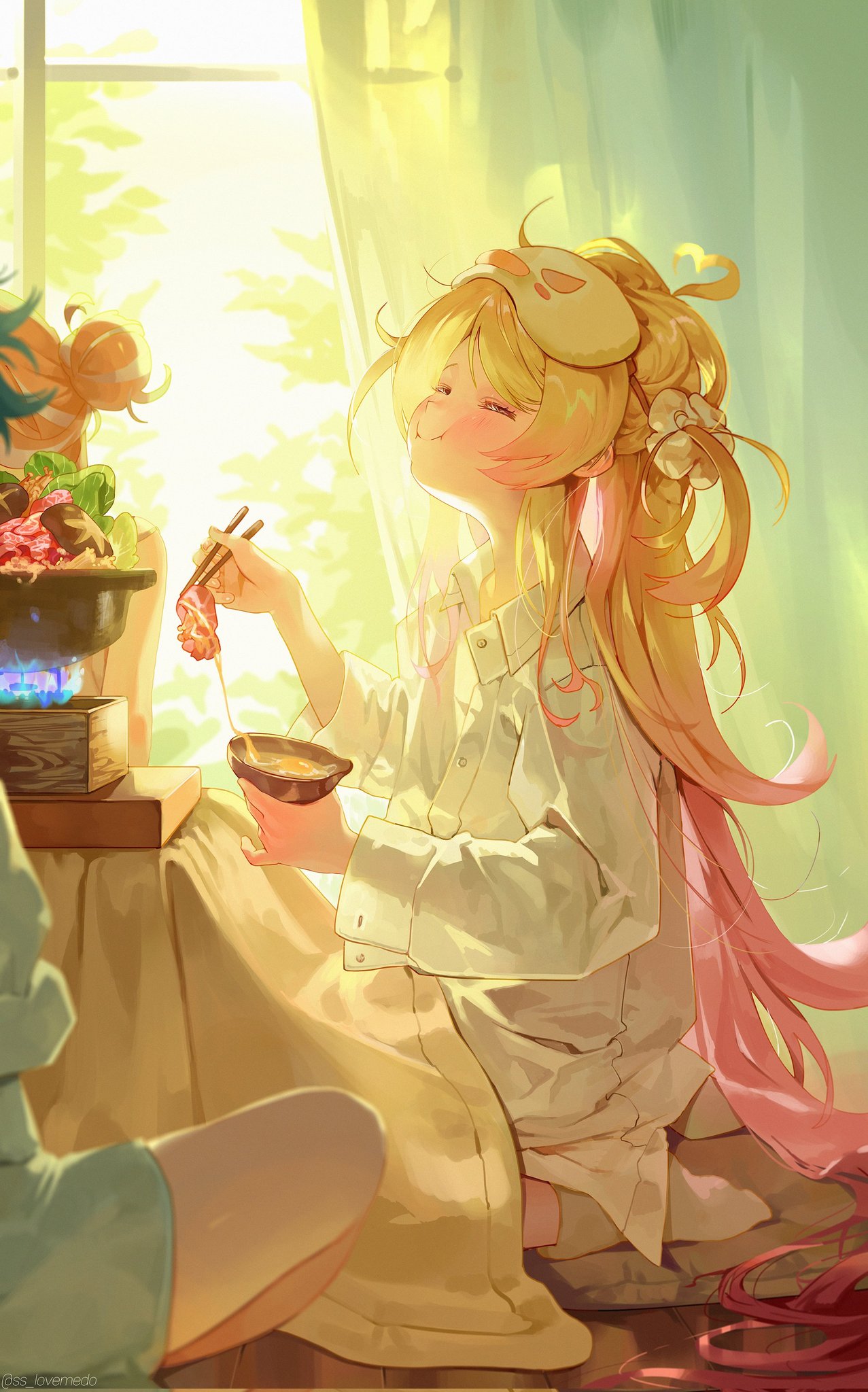 the illustration showcases a cheerful anime girl with long blonde and pink hair, wearing a light beige buttondown shirt and a cute bunny sleep mask. she's happily eating shabushabu, a japanese hot pot dish, using chopsticks. the setting is a sunny room with a window and curtains in the background, creating a warm and cozy atmosphere.  another person's legs and a portion of their body can be seen in the bottom left corner, suggesting they are sharing the meal. the overall style is soft, painterly, and digitally rendered, with a focus on light and color to evoke a feeling of comfort and contentment.