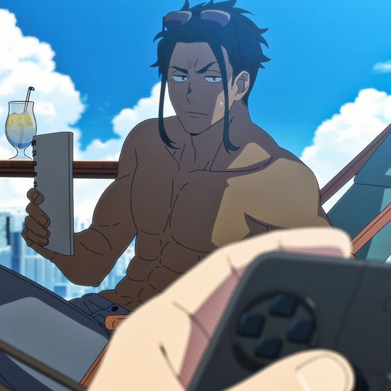 a shirtless and muscular anime man is sitting poolside on a sunny day.  he has dark hair, tan skin, and is wearing sunglasses on top of his head. the man is holding a drink menu in his left hand and is looking at something off to the right side of the frame. in the foreground, another person's hand is holding a video game controller.  the background shows a tall white fence and a cityscape in the distance.