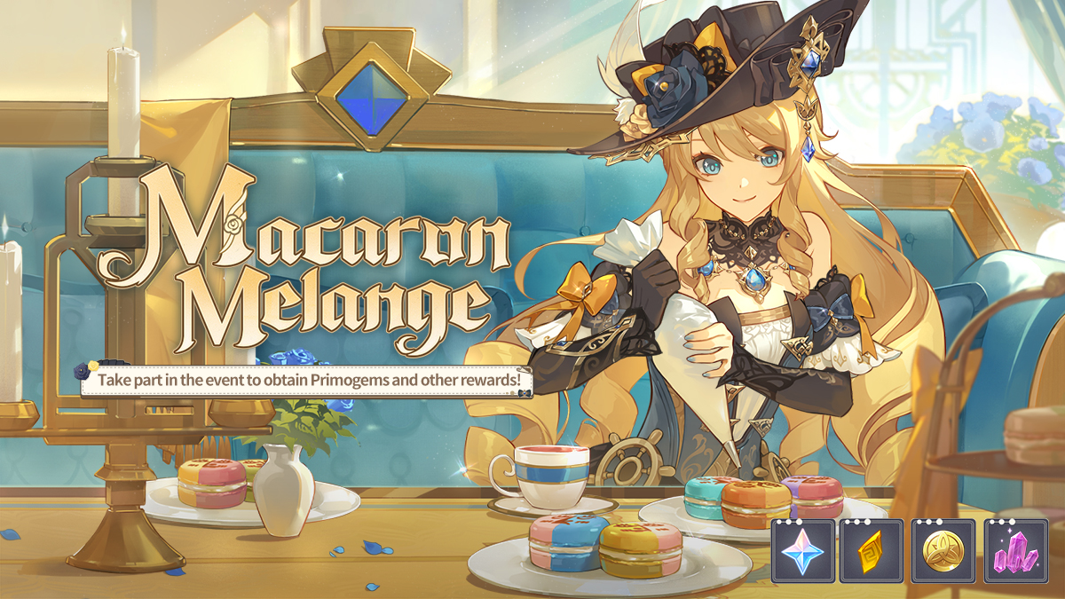 this is a promotional image for a genshin impact event called "macaron melange." the image features a female character, dressed in a black and white outfit, sitting at a table with a plate of macarons and a cup of tea. the image is set in a cafelike environment, with a blue and gold color scheme. the text on the image reads: "take part in the event to obtain primogems and other rewards!" the image is a colorful and inviting advertisement for the event, which is likely to appeal to genshin impact players who are looking for new rewards.