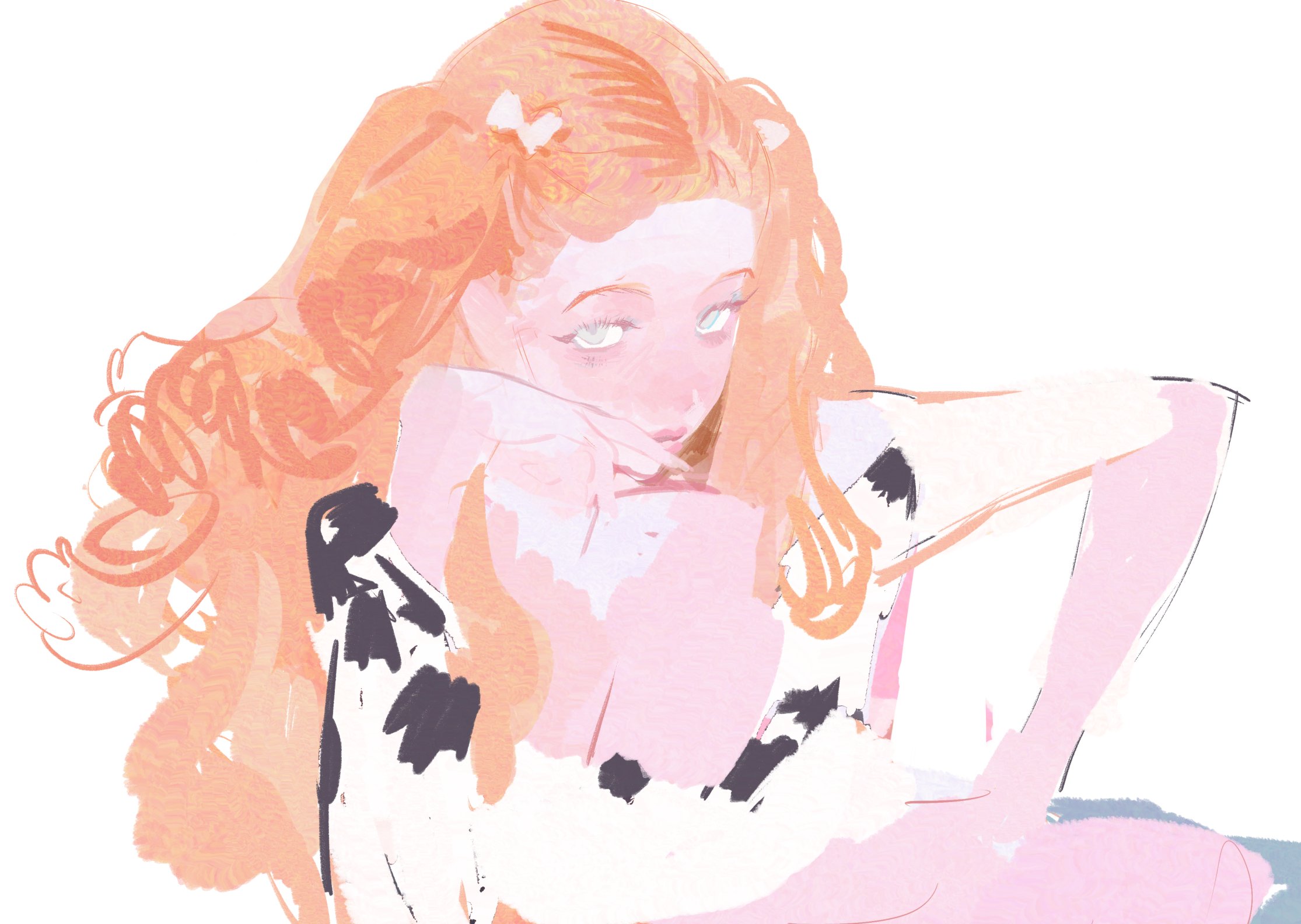 an illustration of a young woman with long, reddishblond hair and a white shirt with black spots. she is looking over her shoulder and leaning forward. her face and body are painted in soft pink and white tones.