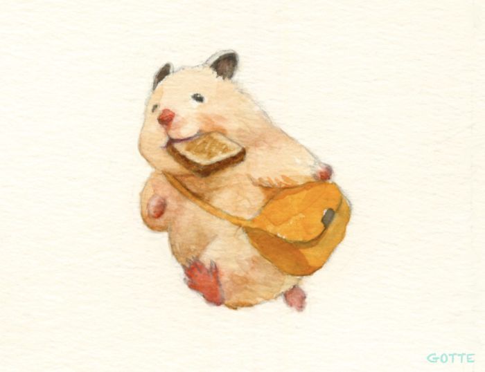 an adorable hamster is running with a piece of toast in its mouth and a small orange bag on its back. the hamster is drawn in watercolor on a white background.