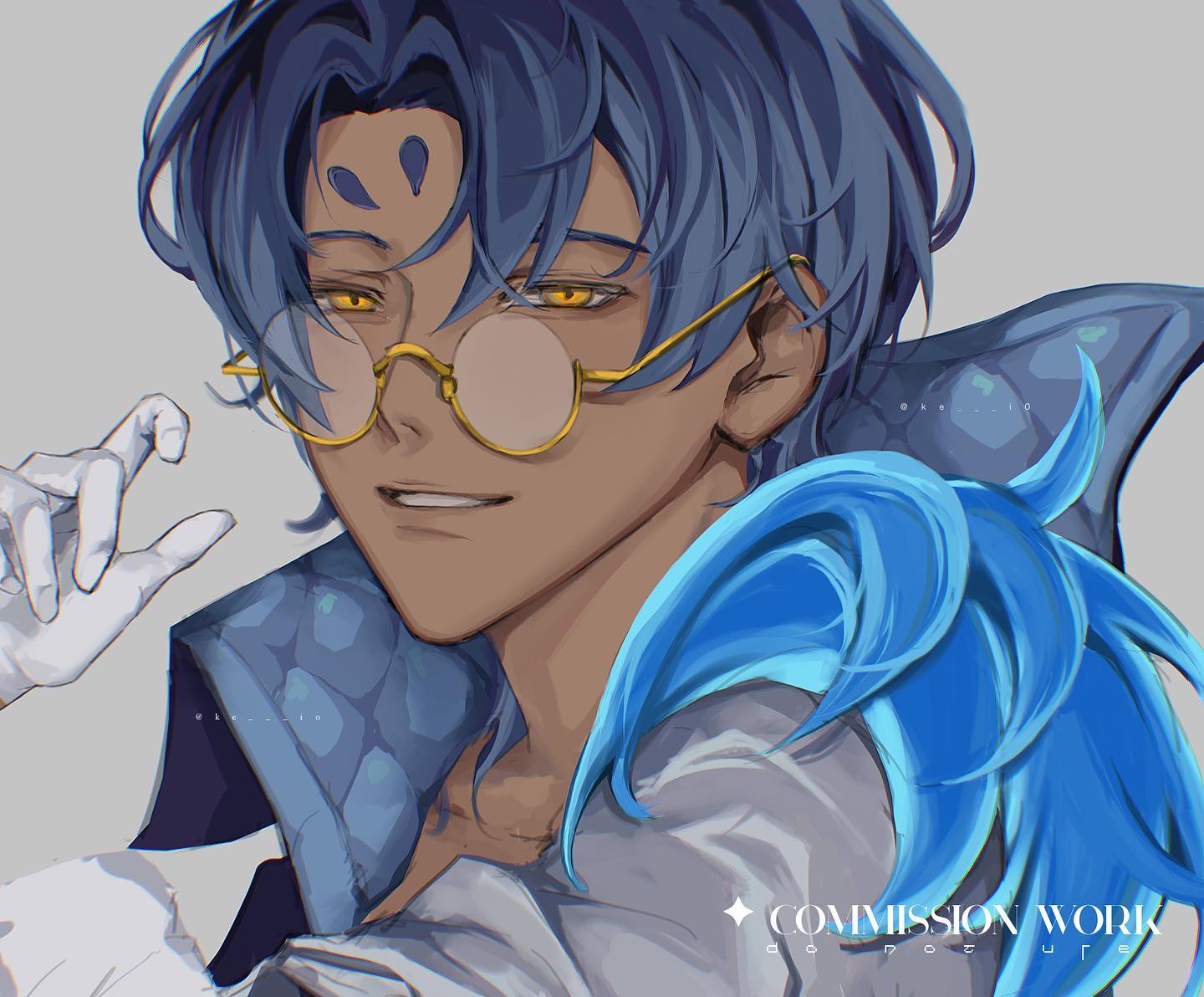 a digital, bustup illustration of a smiling, darkskinned man with blue hair wearing round glasses and a blue, feathered accessory. he is glancing off to the left side of the image with a sly smile.