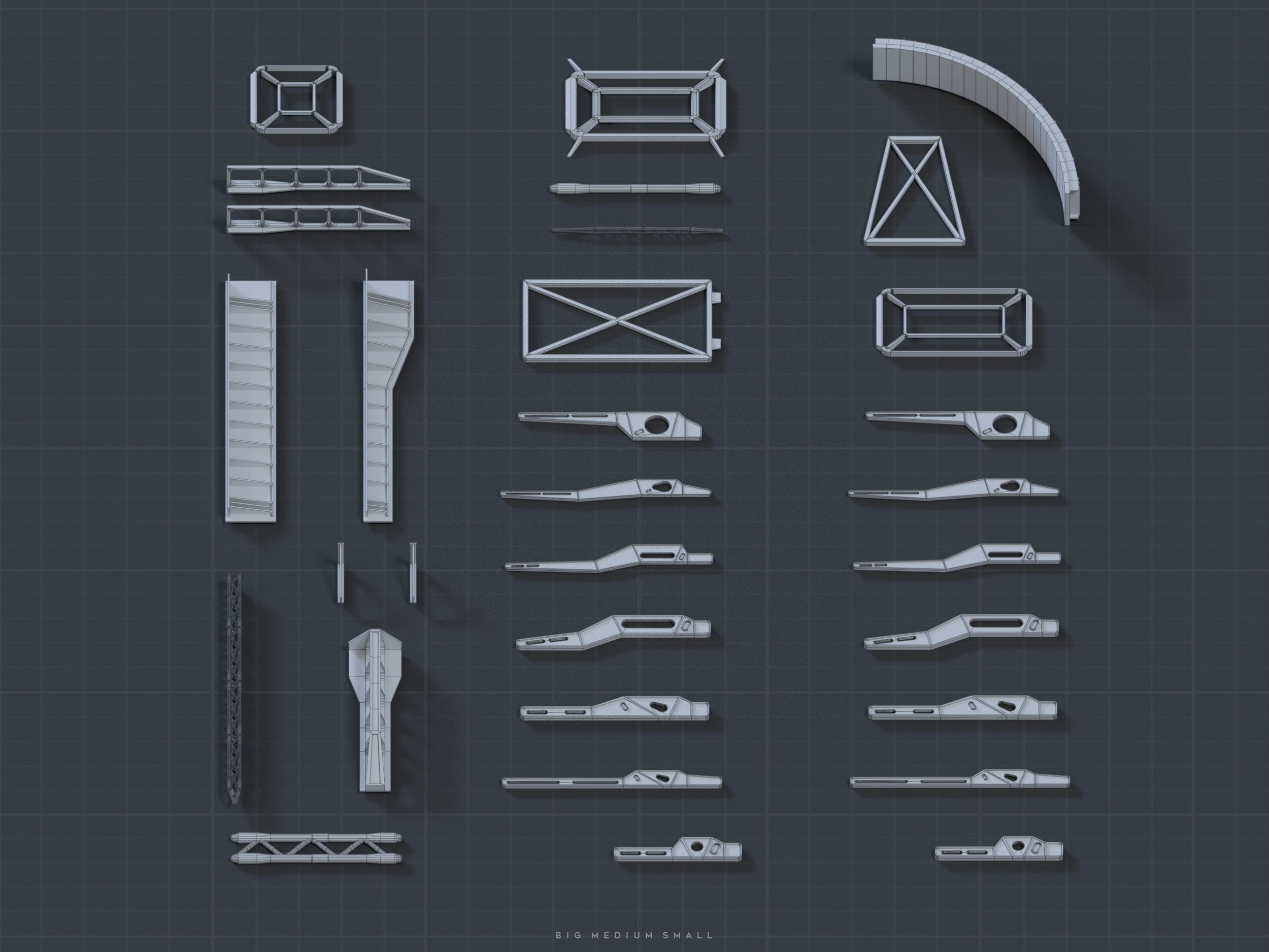 the image shows a technical drawing or blueprint of various 3dmodeled components, arranged on a dark grey gridded background.  the components appear to be modular and could be assembled in different ways.  the components are wireframe representations, showing their structure. the sizes are labeled at the bottom as "big medium small", indicating scale differences among parts.  the overall style resembles a cad drawing or engineering blueprint.
