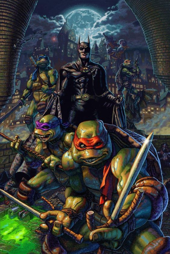 this illustration depicts a battle between batman and the teenage mutant ninja turtles, set against the backdrop of a cityscape at night. the scene is shrouded in shadows and lit by the pale glow of the moon. batman stands in the center of the composition, clad in his iconic black and grey suit, while the four ninja turtles surround him, brandishing their weapons. the turtles are all depicted in their signature colors and gear. the image is full of energy and dynamism, with a sense of imminent conflict. the overall aesthetic of the piece is classic and evocative of traditional comic book art.  this illustration is a nostalgic nod to the iconic 1980s and 1990s crossover comics that combined popular franchises. it highlights the enduring appeal of both batman and the teenage mutant ninja turtles, as well as the enduring power of storytelling through visual art.