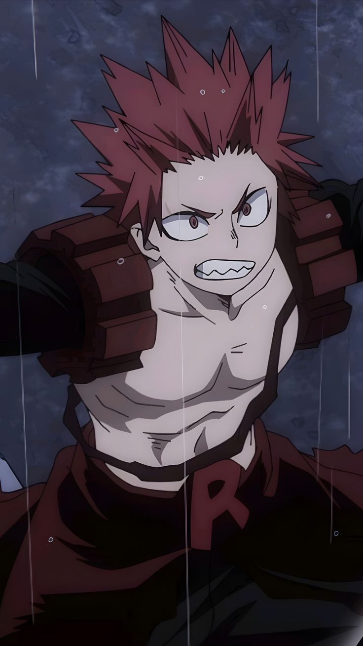 a digital illustration of eijiro kirishima from my hero academia in his hero costume as red riot, staring intently with a serious expression. he is standing with his fists clenched and facing forward, with rain pouring down around him. he is muscular, with red hair, and his costume is mostly red and black. the background is dark gray with rain streaks.