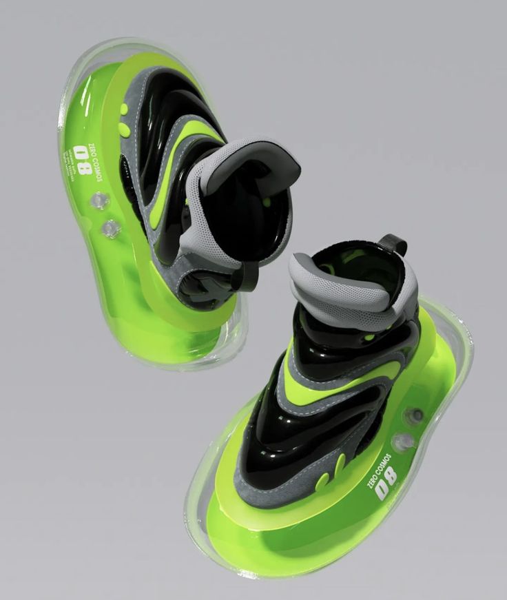a pair of futuristic, neon green and black sneakers. the shoes have a transparent sole that gives the impression of floating. the shoes are designed with a techinspired look. they are labeled "08" and "trio comfort".