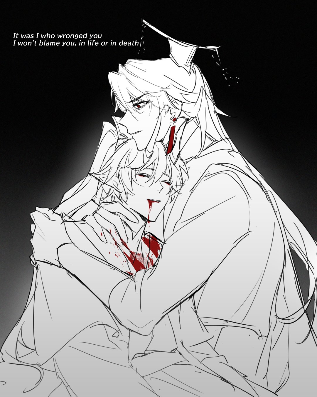 an anime drawing of two men, both with long hair, embracing. one man is holding the other, who is bleeding from his chest.  the image has a sad and melancholic mood.  text says "it was i who wronged you i won't blame you in life or in death".  the artist appears to be suggesting that the figure holding the other is regretful for what has happened.