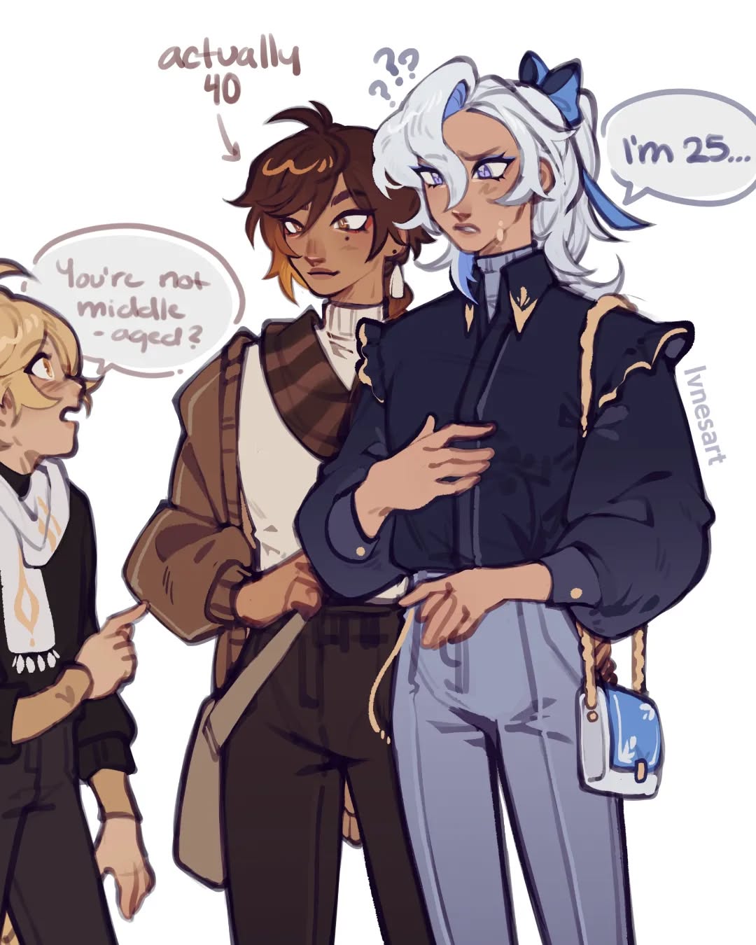 digital drawing shows three animestyle characters engaged in a conversation. the character on the right, with white hair and a blue bow, states they are 25 years old, seemingly surprised at the suggestion that they're middleaged.  the character in the middle has brown hair, and a speech bubble above them says "actually 40", implying that the first character is younger than they appear. the character on the left has blonde hair and appears surprised at this revelation. all three characters have unique clothing and expressions, reflecting individual personalities and reactions to the ongoing conversation. the art style is vibrant and detailed with soft shading and coloring.