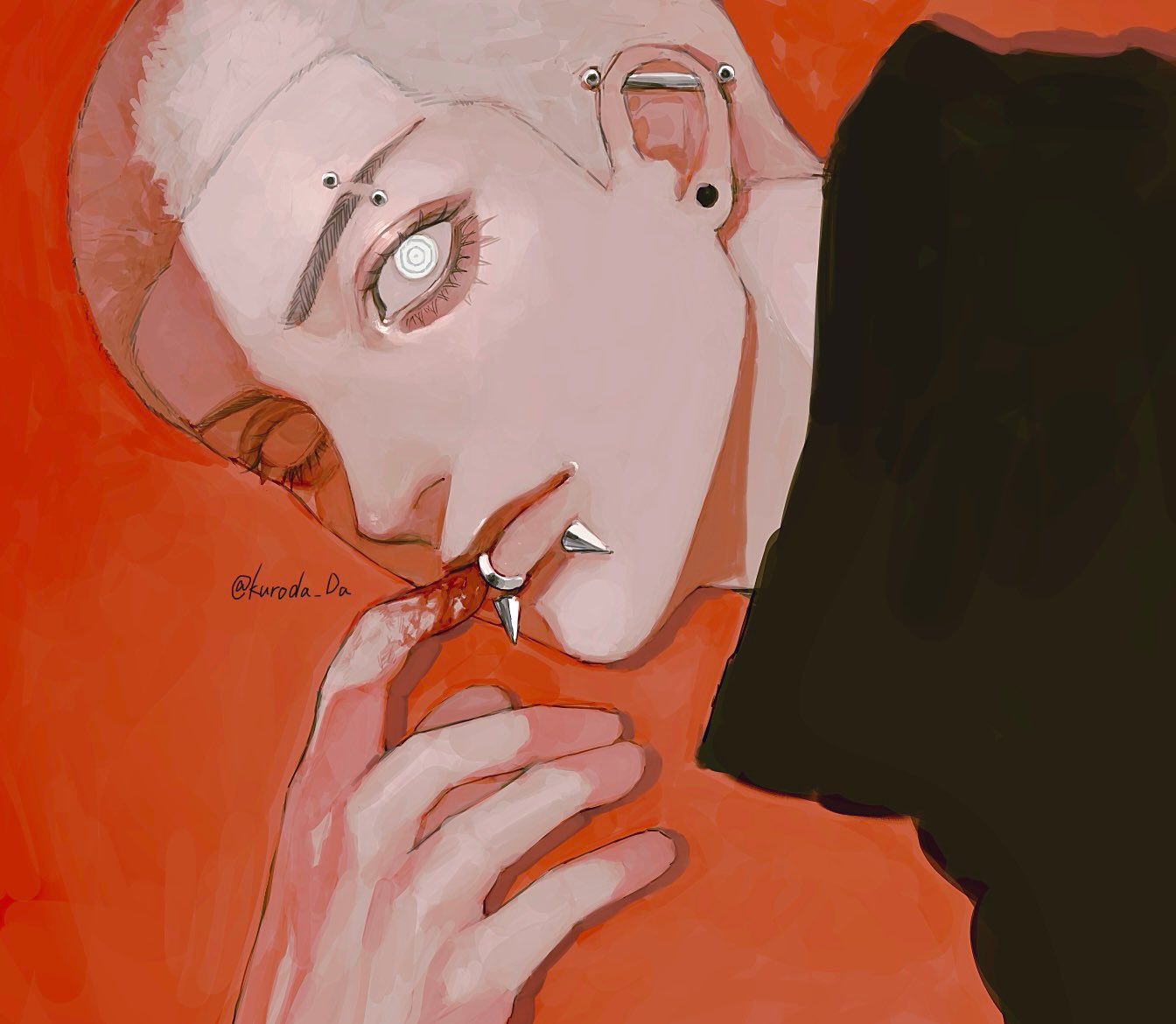 this is a digital illustration of a young man with multiple piercings, his face taking up the majority of the image. the man has a serious expression on his face as he looks down at the ground, creating an air of contemplation and mysteriousness. the lighting and color scheme give the image a cyberpunk aesthetic.
