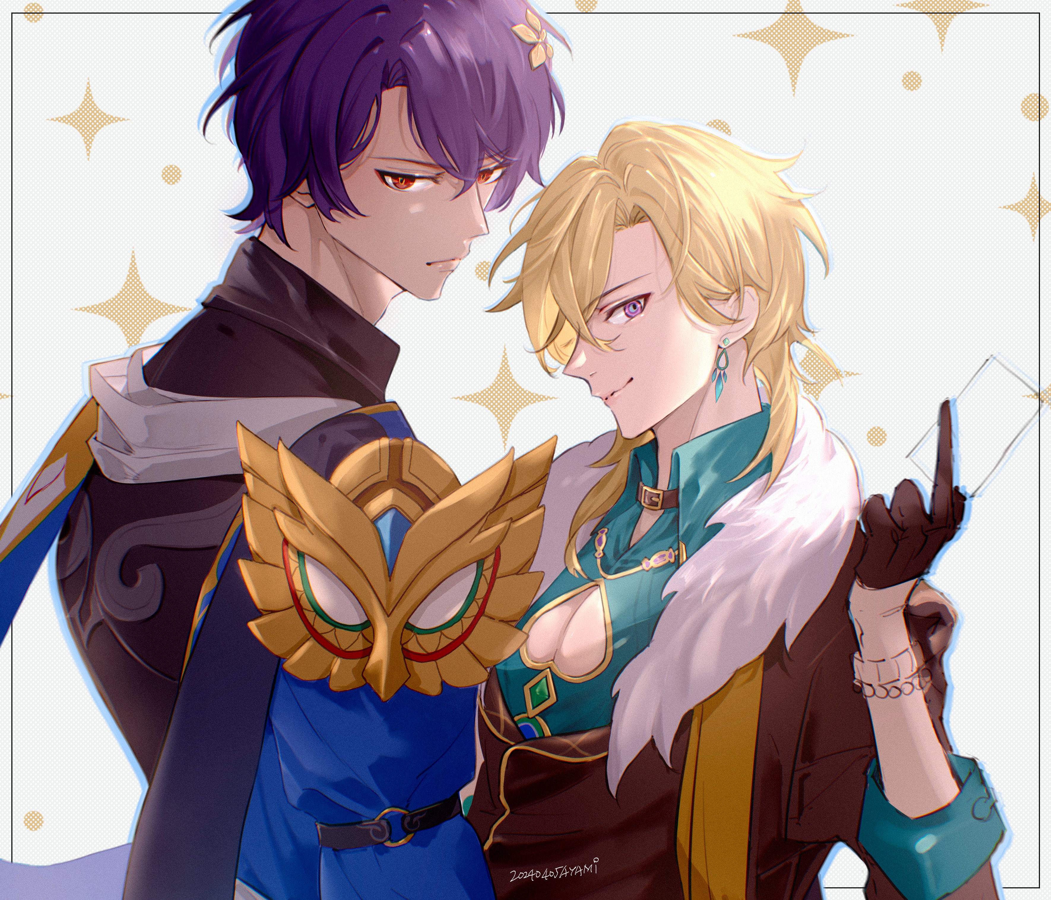 a digital illustration of two anime boys. the one on the left has purple hair and is wearing a blue and gold outfit with a mask on his shoulder. the one on the right has blonde hair and is wearing a brown and teal outfit with a white fur collar. he is holding a card in his hand. they are looking at each other with a romantic expression. the image is set against a light pink background with gold sparkles.