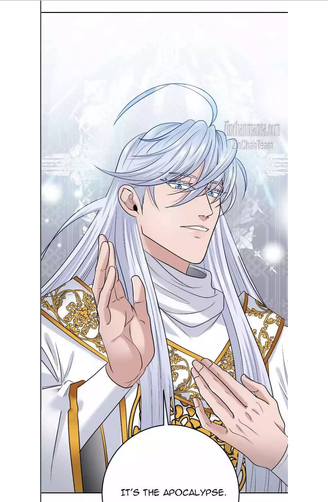 the image shows a detailed illustration of a man with long, flowing white hair, dressed in elegant, ornate clothing with gold accents. he appears to be in a state of shock or surprise, his hands raised in a gesture of disbelief. the background suggests a fantasy setting, perhaps hinting at an apocalyptic event. the overall style is reminiscent of manga or anime.