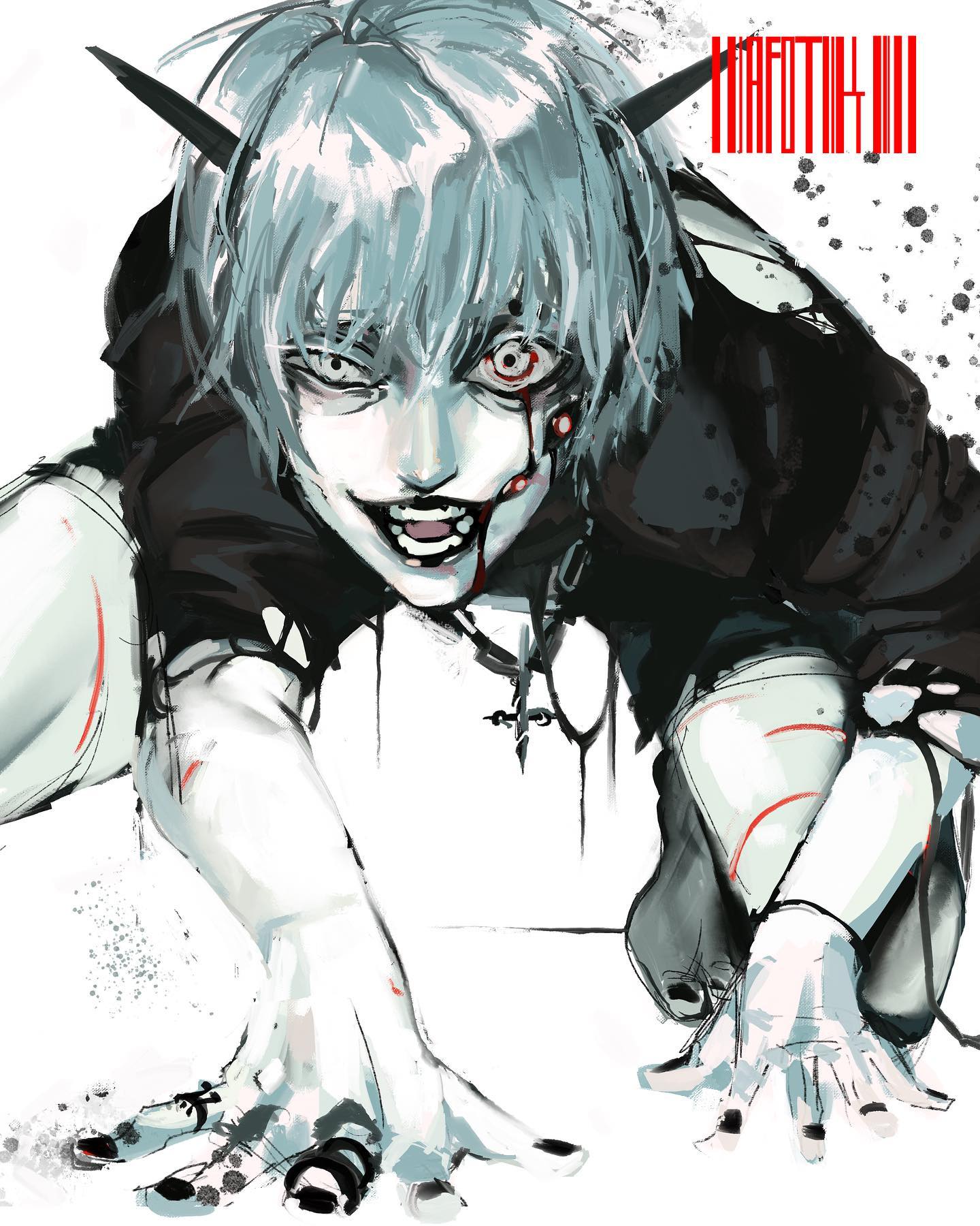the illustration showcases a paleskinned, androgynous figure, presumably male, with short, messy silver hair and two sharp, black horns protruding from their forehead. their eyes are stark white with a single red dot in the center, and a wide, unsettling grin reveals sharp teeth, smeared with blood. the figure is clad in a dark, tattered garment, and their hands, with long, black nails, reach towards the viewer.  blood splatters adorn their face and clothing, further amplifying the unsettling and eerie aura. the figure's pose, reminiscent of a predatory animal, coupled with their piercing gaze, creates a palpable sense of unease and horror.