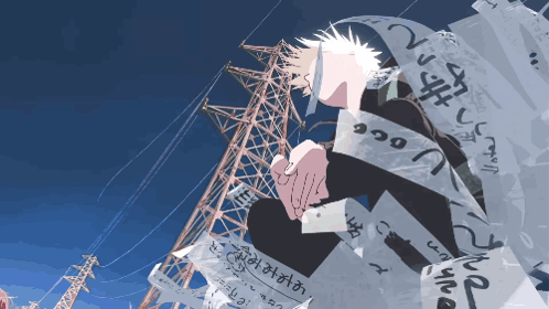he image is an animestyle illustration featuring a young man with spiky white hair sitting amidst fluttering pieces of paper with japanese writing on them. he's positioned against the backdrop of a large power line tower, against a clear blue sky. the perspective is a dramatic lowangle shot, emphasizing the height of the tower and the character's smallness in comparison. the style is somewhat minimalist, with clean lines and a limited color palette. the overall mood is contemplative and slightly melancholic.