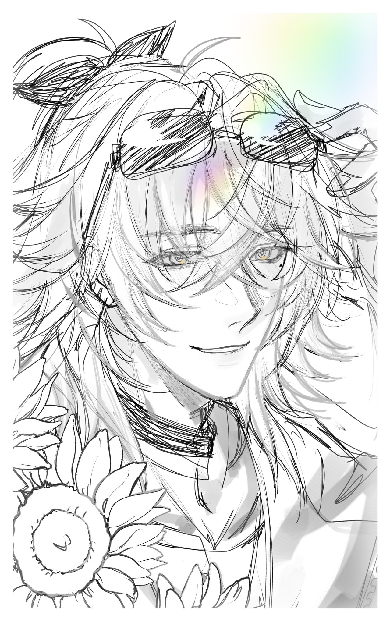 a black and white sketch of an anime character with long hair and sunglasses. they are surrounded by sunflowers.