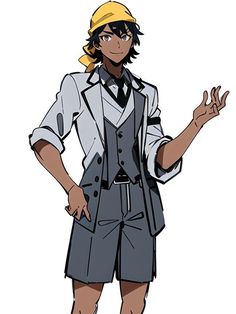 the image showcases a young man, stylishly attired in a semiformal ensemble, exuding an air of confidence. his outfit features a white shirt, a sleek gray vest, and matching shorts, complemented by a black tie. the addition of a vibrant yellow bandana adds a playful touch to his overall look. his pose, with one hand casually tucked into his pocket and the other extended outward, suggests a sense of approachability and charm.content: 1 personpeople:  man environment: nulllighting: nullperspective: full bodykw: stylish, bandana, confident, charming, approachable,  semiformal, young
