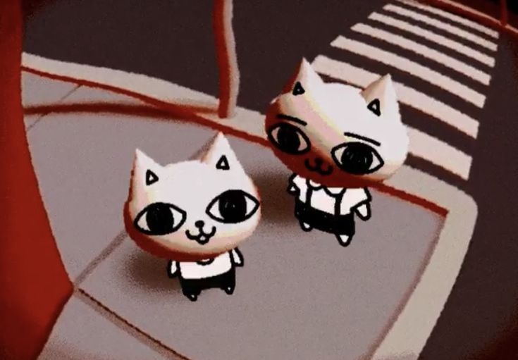 two white cats with black outlines, one walking over a crosswalk and the other standing to the side. both cats are smiling. the background is a busy city street with a red pole, a sidewalk, and a crosswalk.