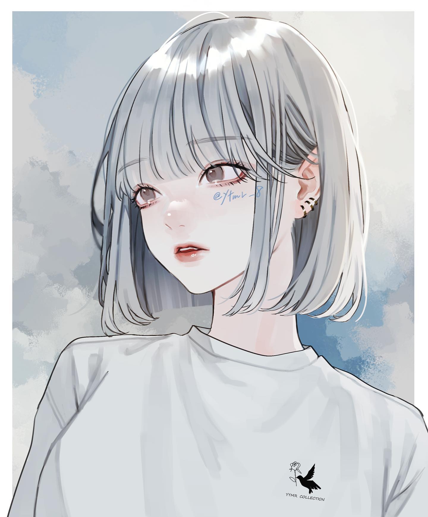 the image is a digital drawing or painting of an animestyle girl.  she has short, straight, silverywhite hair styled in a bob with blunt bangs.  her skin is pale, and her features are soft and delicate.  she's wearing a simple, white crewneck tshirt with a small, minimalist logo near the bottom.  she has small earrings.  a faint, light blue background suggests a cloudy or hazy sky. the overall style is minimalist and elegant with a soft, dreamlike quality.  there is an artist's signature or watermark visible on her face.