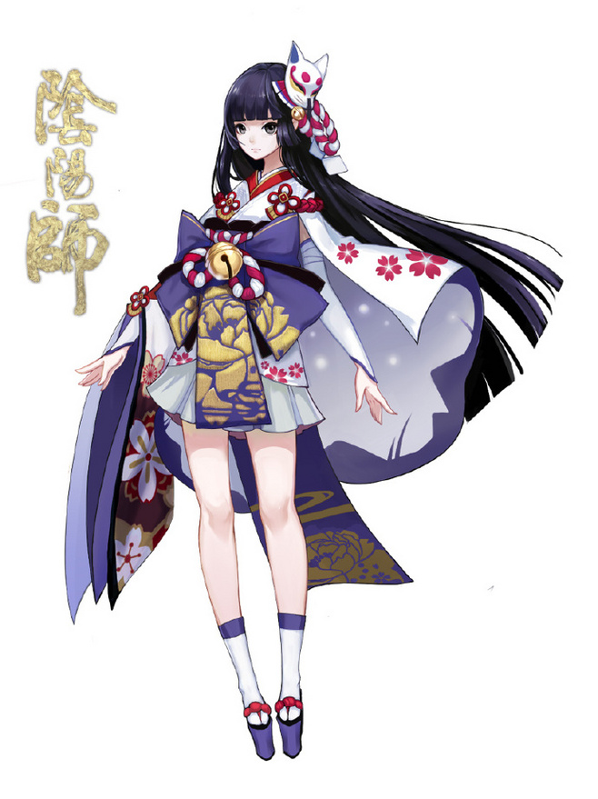 this is an illustration of a cute anime woman. she is wearing a white and blue kimono with red accents. her hair is long and black with a small white mask on the side of her head. she is floating, with a happy and playful expression on her face. she is looking to the right. the background is white and clear.