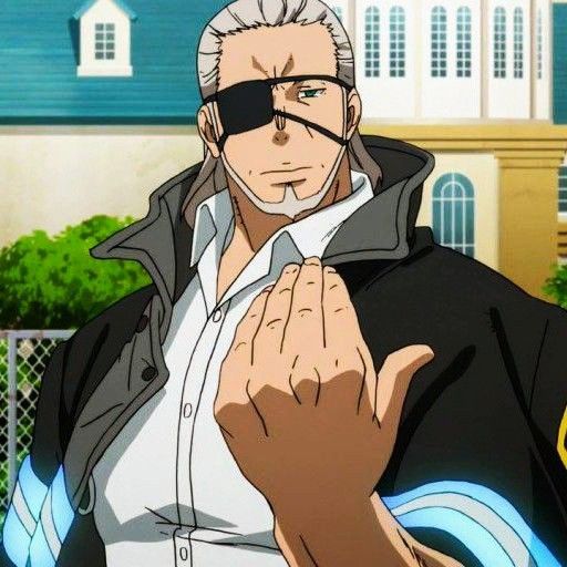 the image shows a muscular anime male character with an eye patch and a confident expression. he is wearing a black jacket over a white shirt. he has a hand gesture as if he is about to punch. the background shows a building and a part of a forest. this character seems to be very strong and powerful. this image is likely from an anime or manga, and it looks like a scene from a fight or an action sequence.