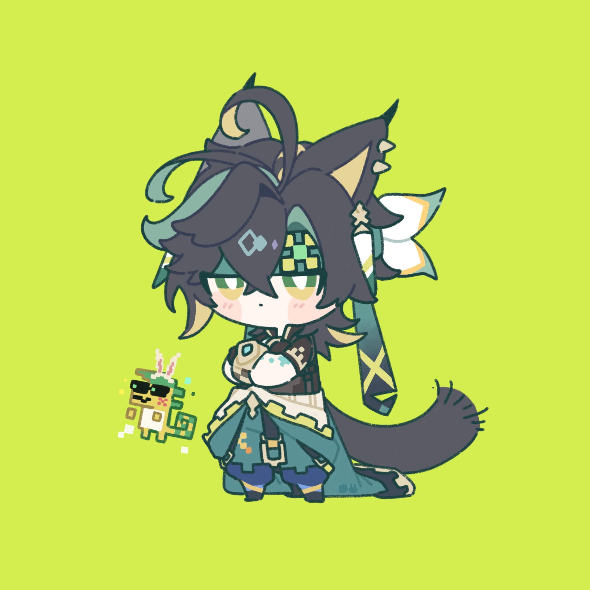 the image is a digital drawing of a chibistyle anime character. the character has dark hair with teal highlights, animal ears (possibly feline), and wears a teal and gold outfit.  the character's expression is somewhat blank or passive.  a small, pixelated creature resembling a lizard or gecko with rabbit ears and sunglasses is next to it. the background is a solid, bright lime green. the art style is cute and slightly stylized, resembling a mix of anime and furry elements.