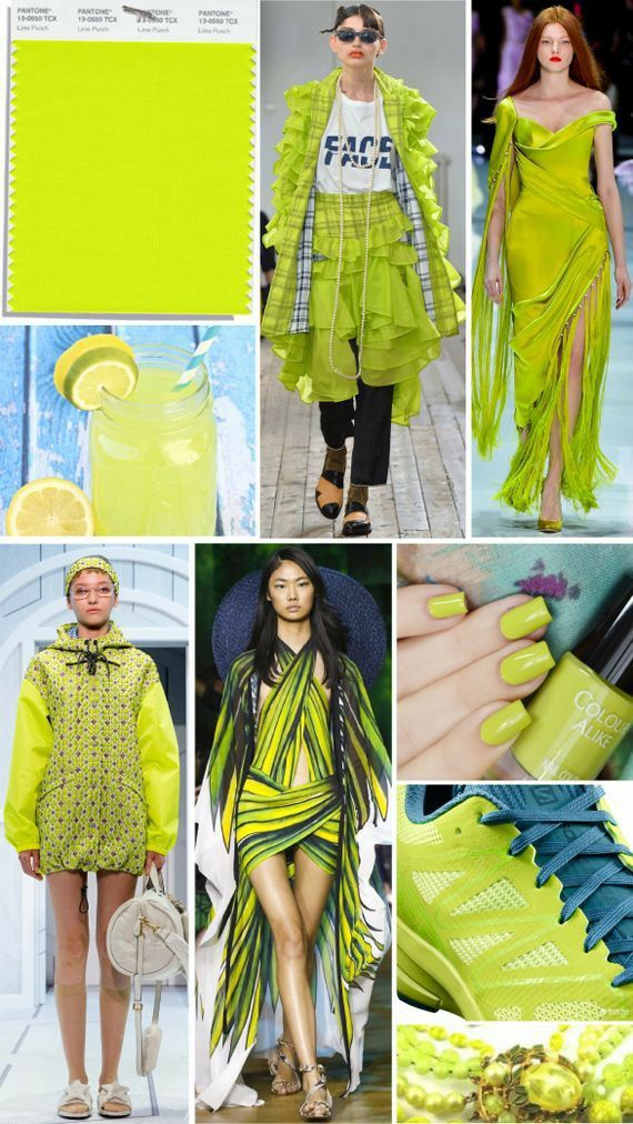 the image is a collage of different fashion images featuring the color green in various shades and patterns. the top left corner shows the pantone color swatches of different green tones. above them, we see a woman in a green ruffled dress with a checkered jacket and a pearl necklace, showcasing a casual and vibrant style. to the right is a model in a long, flowy, lime green gown, highlighting elegance and sophistication. the bottom left corner features a woman wearing a green, patterned, jacket, representing a stylish and sporty look. next to it, a woman in a green and yellow patterned dress and a straw hat signifies a bohemian and freespirited fashion choice. the top right corner captures a hand with green nail polish, emphasizing the beauty and trendiness of the color. the bottom right corner features a pair of green sneakers, exhibiting a sporty and modern aesthetic. finally, a closeup of green jewelry and accessories completes the collage, illustrating the versatility and attractiveness of green in fashion. overall, the image highlights the diverse and dynamic ways in which green can be incorporated into fashion, from casual to elegant and everything in between.