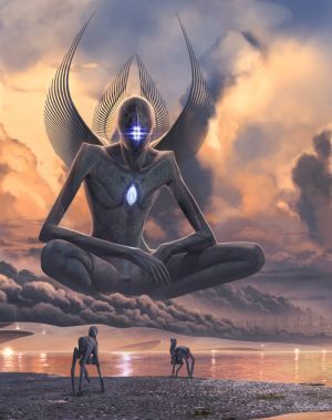 a large, ethereal angel with wings spread wide sits in a meditative pose overlooking a vast, barren landscape. the angel appears to be made of a shimmering, luminescent material, and its eyes glow with a bright blue light. the figure's presence is both powerful and serene, suggesting a divine power that watches over the world.