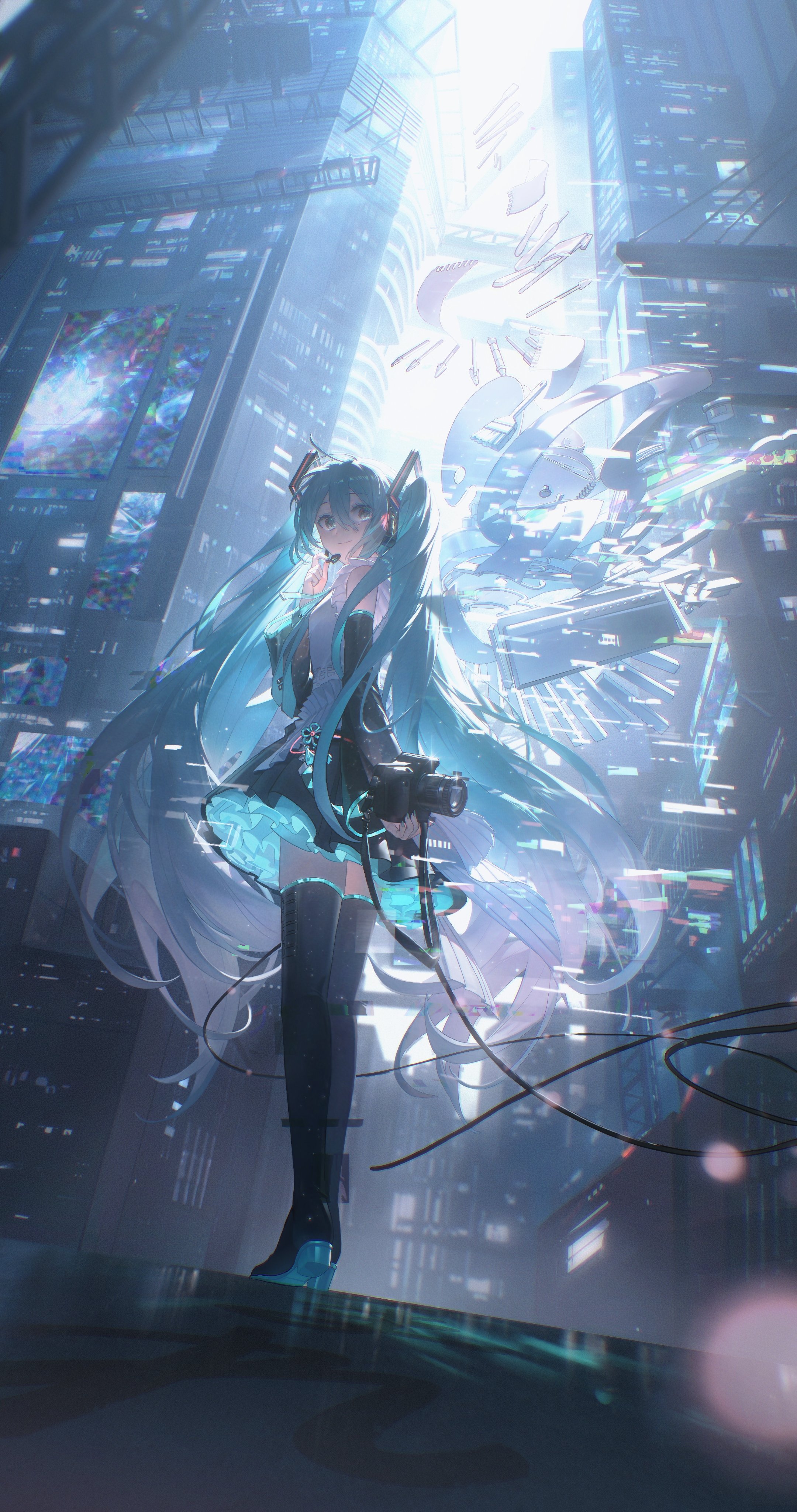 the image shows hatsune miku, an anime girl with long, flowing blue hair and headphones, standing in a futuristic cityscape with towering skyscrapers. she is wearing a black dress and thighhigh boots and holding a camera. the background is filled with digital elements, light streaks, and urban details, creating a dynamic and visually striking illustration.