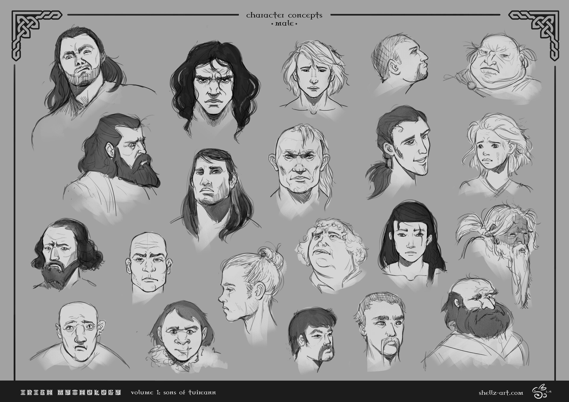 a collection of black and white sketches depicting various male character concepts, seemingly related to irish mythology. the sketches showcase a diverse range of facial features, hairstyles, and expressions. some characters have beards, while others are cleanshaven. the sketches suggest different ages, personalities, and roles within a narrative context. the overall image is a study of character design for a project based on the "sons of tuireann" from irish mythology.