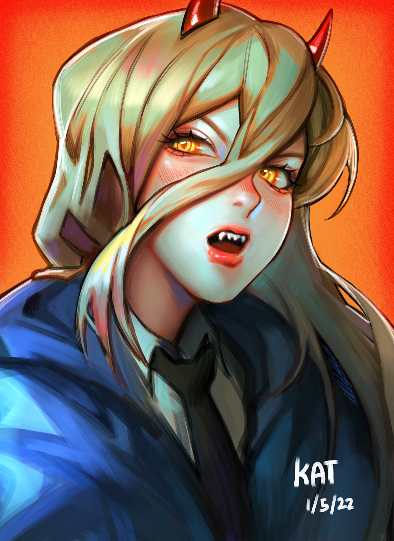 a digital painting of an animestyle girl with devil horns. she has long blonde hair, yellow eyes, and sharp fangs. she is wearing a blue suit and tie and has a smirk on her face. the background is orange. the artist's signature "kat" and the date "1/5/22" are visible in the bottom right corner.