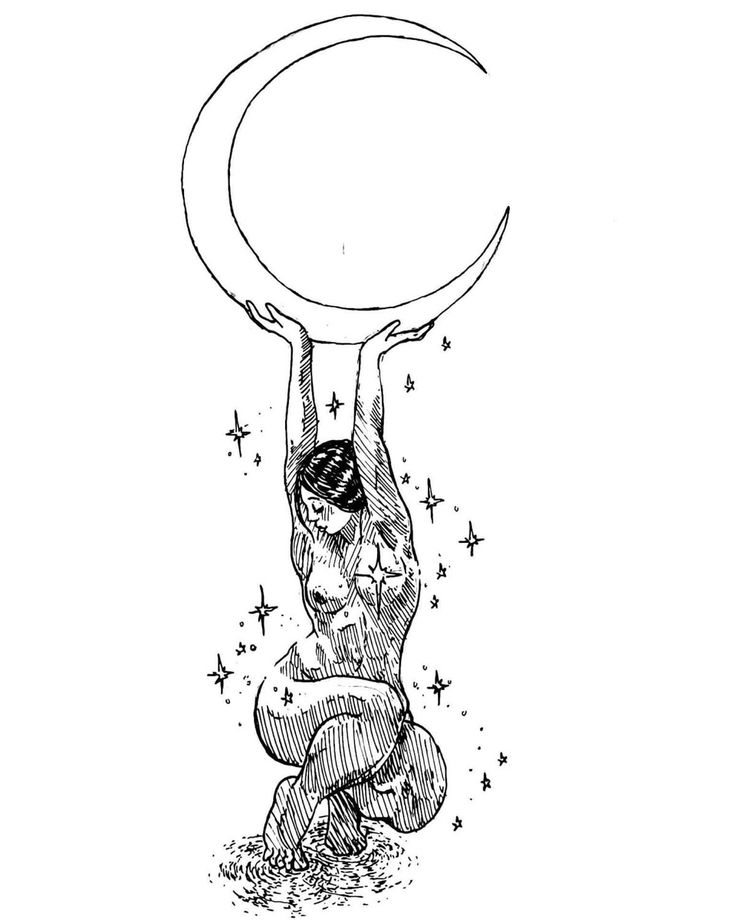 the image is a black and white ink drawing of a woman holding a crescent moon above her head.  she is nude and her body is depicted with detailed musculature.  the woman's pose is somewhat contorted, suggesting strength and perhaps a connection to the celestial.  stars and swirling water are depicted around her feet. the style is reminiscent of mystical or spiritual art.