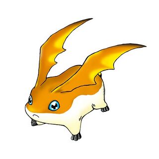 it's a side view illustration of patamon from the digimon anime series. it has orange wings and big blue eyes, and white body.