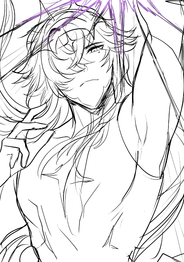 a sketch of an anime girl with long, flowing hair. she is in a serious pose, with one hand raised and her eyes narrowed. the lines are rough and expressive, and there is a sense of energy and movement. the girl is dressed in a simple tank top.