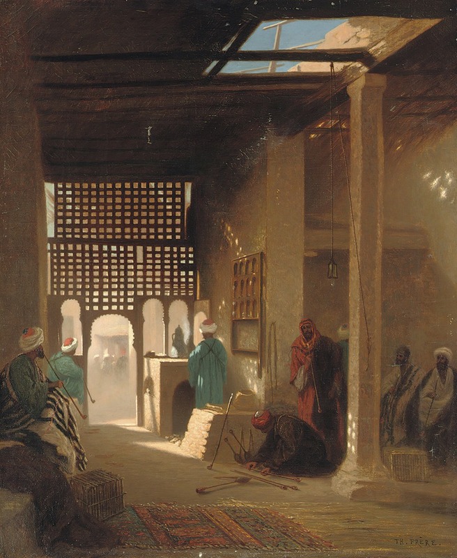 the painting depicts an oriental scene, likely the interior of a mosque or similar building, with several men present. the architecture features archways, lattice windows, and columns, and sunlight streams through openings in the roof and walls, creating areas of light and shadow. some men are engaged in prayer or contemplation, while others appear to be observing or participating in other activities. the scene evokes a sense of quiet and reverence, with intricate details in the architecture, clothing, and carpets. the painting is likely an example of orientalism, a western artistic style depicting middle eastern or asian subjects.