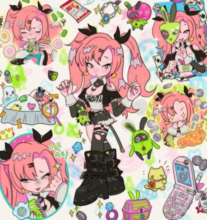 he image is a vibrant and playful digital illustration featuring a central character: a pinkhaired animestyle girl with large eyes and pigtails, dressed in a mix of goth and kawaii fashion elements. she wears a black and white top, ripped black shorts, and chunky black platform boots.  the illustration is overloaded with various other cute elements: small cartoon monsters, jewelry, a cell phone reminiscent of older models, a treasure chest, coins,  a rameneating smaller version of the main character, and other imagery reminiscent of 90s and early 2000s pop culture. the overall style is heavily influenced by kawaii aesthetics, with its use of pastel colors, rounded shapes, and cute characters. the composition is a chaotic but charming collagelike arrangement of smaller illustrations and design elements all centered around the main character.  the style is a mix between hyperrealistic drawing and cute character design.
